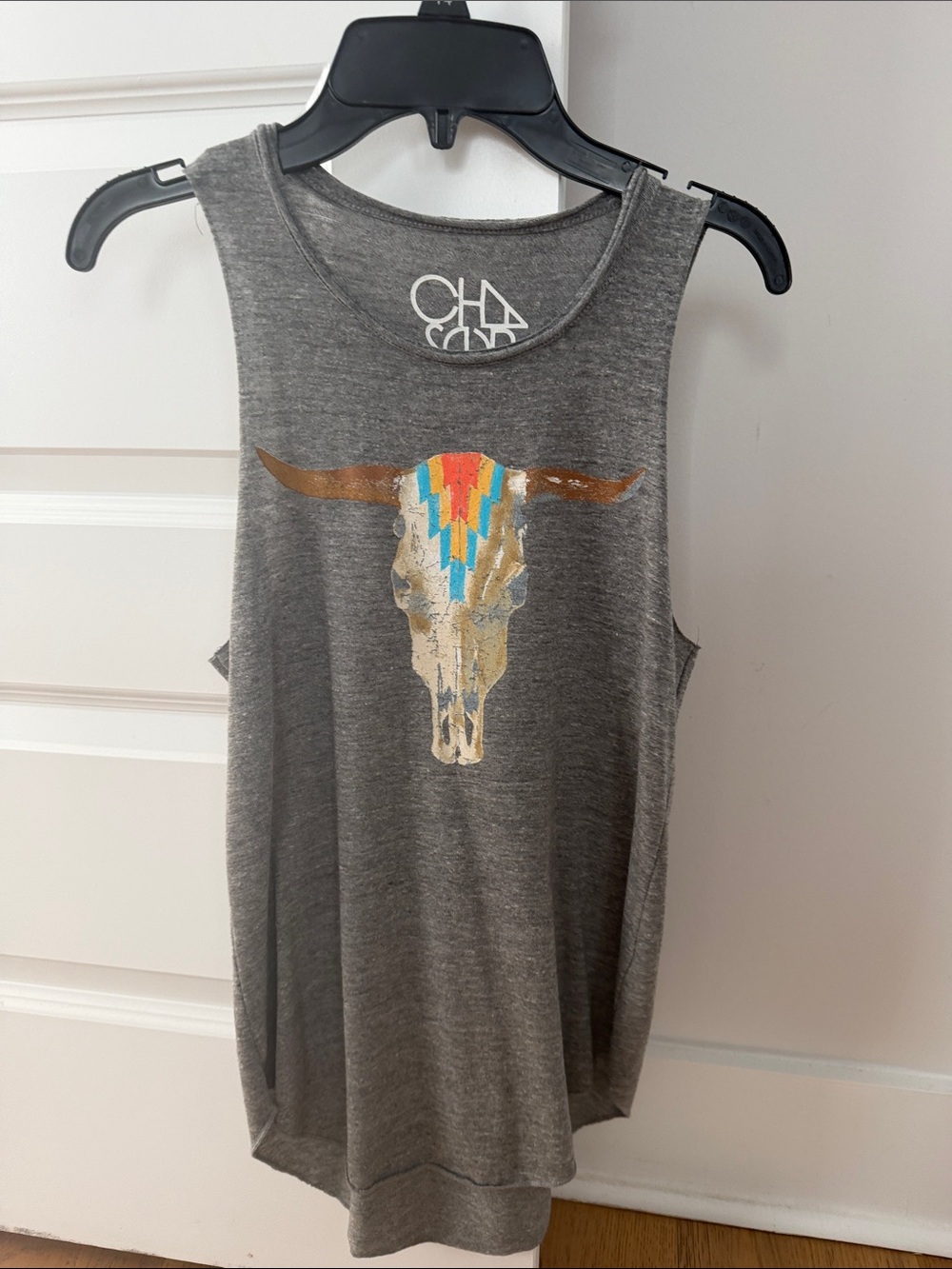 Chaser Gray Tank Top with Colorful Bull Skull Graphic